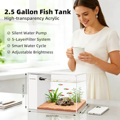 Small Fish Tank Betta 2.5 Gallon Desktop Aquarium Kit with LED Light and Water Pump & Black Filter Sponge & Bio Ball Filter Media Compact Aquarium for Betta Fish, Shrimp(White)