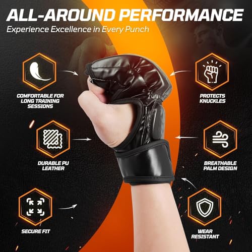 Flexzion MMA Gloves Fingerless Boxing Gloves for Men Women and Teen Youth, UFC Grappling Krav MAGA Kickboxing Gloves for Training Punching Bag Muay Thai Hitting Mitts Cutoff Martial Art Gloves - color: Black