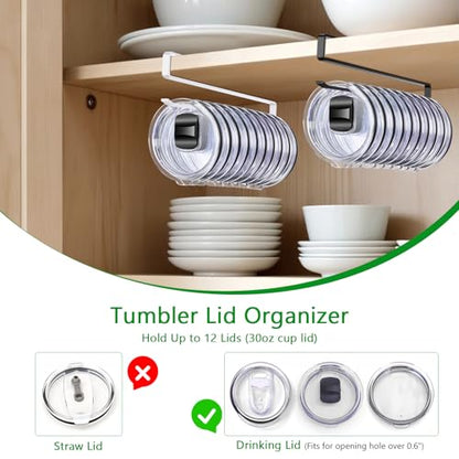 2 Pack Tumbler Lid Organizer, Cup Lid Holder for 24 Lids Under Cabinet, Space Saving Hook for Kitchen Storage and Coffee Cups, No Drilling, Carbon Steel,(Black)