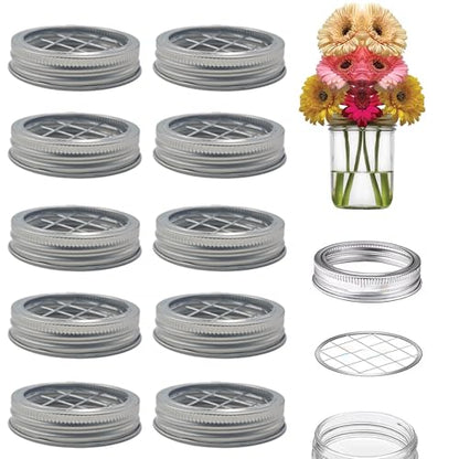 10 Sets Mason Jar Flower Frog Lids, Regular Mouth 70mm Metal Grid Insert, Floral Arrangement Organizer for Canning Jars, Square Hole Flower Holder Lid Accessories