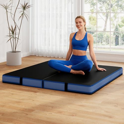 Goplus 4" Thick Folding Gymnastic Mat, Thickened Bi-Fold Fitness Mat with Carrying Handles & PU Leather Cover, Home Gym Tumbling Mat for Stretching, Pilates, Aerobics Workouts - color: Black&Blue