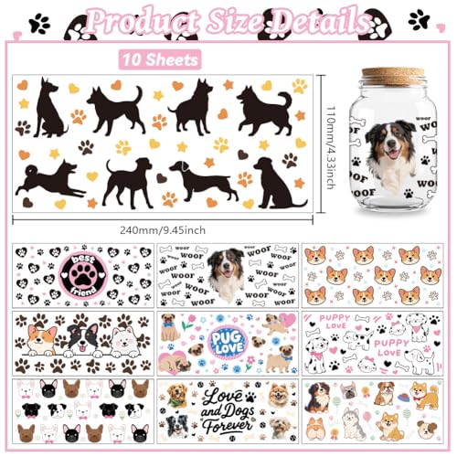 UV DTF Cup Wraps Transfer Stickers Dogs Pattern, 10 Sheets Waterproof Custom Vinyl Transfer Sticker 16oz Coffee Glass Cup Tumbler Bottle Mug Decals for Men Women - style: Dogs