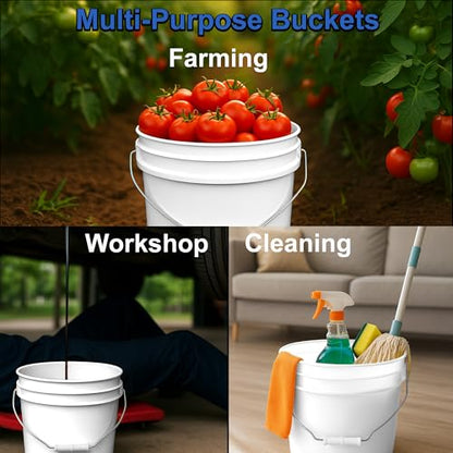 2-Gallon Bucket with Airtight Lid – Made in USA, Food Grade BPA Free Plastic, Heavy Duty Multi-Use, Metal Handle with Grip, Stackable Storage – White, 5 Pack