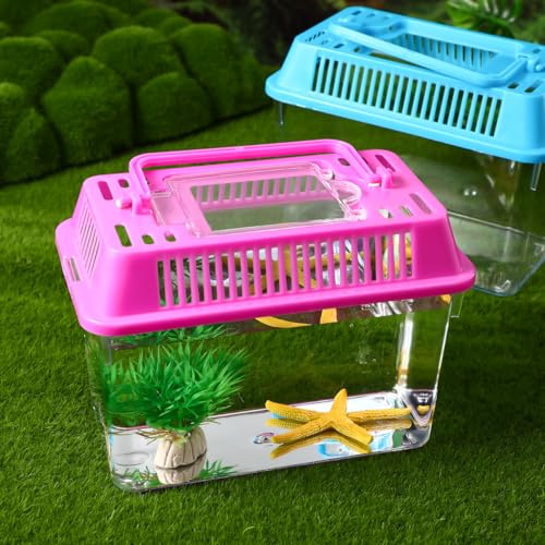 POPETPOP Portable Fish Tank 5.90X4.33X3.74 Inch Handheld Aquarium Transparent Turtle Box Plastic Fish Carrier Small Aquarium for Travel and Pet Breeding