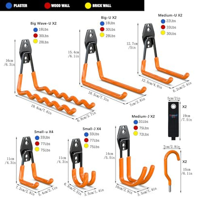 3-H Heavy Duty Garage Wall Hooks 20 Pack, Anti-Slip PVC Coating Wall Mount Garage Storage Utility Hooks, Heavy Load Organizer for Ladders, Yard Tools, Shovel, Weed Eater, Hoses & Bulk Items,Orange | Multi-Purpose Garage Hooks to Organize Garden Lawn Tools