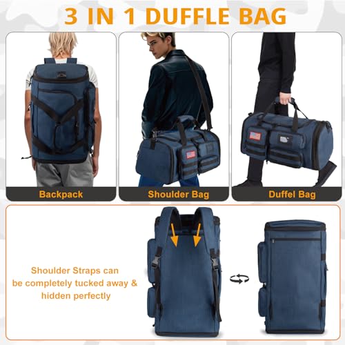 Expandable Gym Bag for Men,Tactical Large 3-in-1 Travel Duffle Backpack Bag - color: Blue