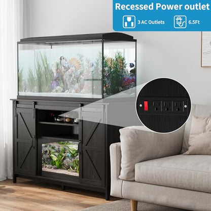 VOWNER Farmhouse 55-75 Gallon Fish Tank Stand with Power Outlet, Aquarium Stand with Storage Cabinet and Sliding Barn Door, Heavy Duty Reptile Tank Stand, for 2 Tanks, 1000LBS Capacity, Black