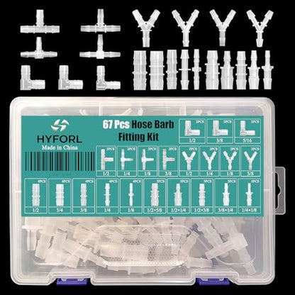 67Pcs Hose Barb Fittings Assortment - 21 Sizes with 90° Elbow, Y/T 3-Way, Equal & Reducing Straight Connectors, Plastic Pipe Repair Kit for Aquarium, Water, Fuel & Air Lines