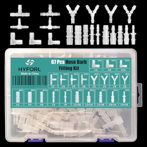 67Pcs Hose Barb Fittings Assortment - 21 Sizes with 90° Elbow, Y/T 3-Way, Equal & Reducing Straight Connectors, Plastic Pipe Repair Kit for Aquarium, Water, Fuel & Air Lines