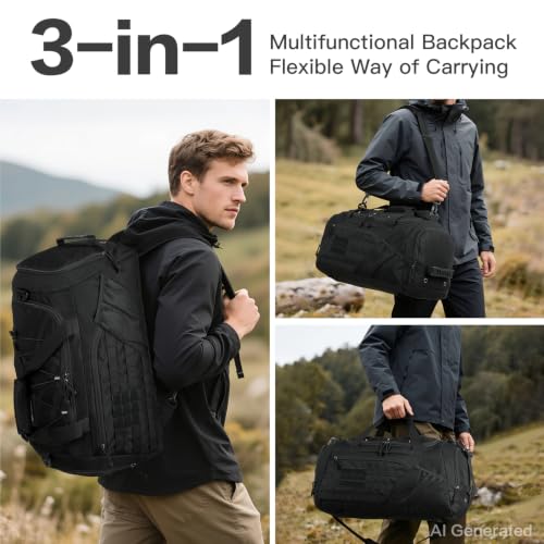 3-in-1 Tactical Gym & Travel Duffle Bag Backpack Men Multi-Functional 45L Military Sports Duffle Bag with Shoe Compartment & Wet Pocket for Workout Weekender Overnight Bag with Molle Webbing, Black - color: Black