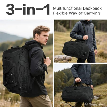 3-in-1 Tactical Gym & Travel Duffle Bag Backpack Men Multi-Functional 45L Military Sports Duffle Bag with Shoe Compartment & Wet Pocket for Workout Weekender Overnight Bag with Molle Webbing, Black - color: Black