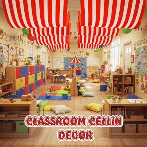 1 Pack Circus Halloween Decorations 32 Inch x 16 ft Red and White Hanging Banner with Tape Ceiling Decor for Carnival Birthday Classroom Circus Theme Party Decorations - style: Carnival