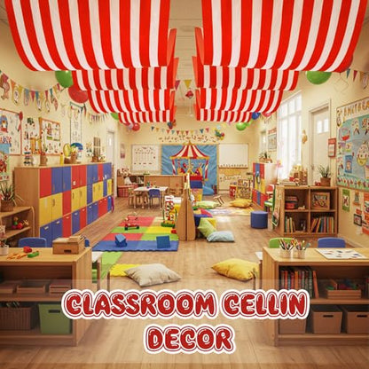 1 Pack Circus Halloween Decorations 32 Inch x 16 ft Red and White Hanging Banner with Tape Ceiling Decor for Carnival Birthday Classroom Circus Theme Party Decorations - style: Carnival