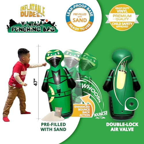 INFLATABLE DUDES Kids Punching Bag- Bop Bag | Sand-Base - color: Green Archer Standard Ninja | Pre-filled with Sand, size: 47"