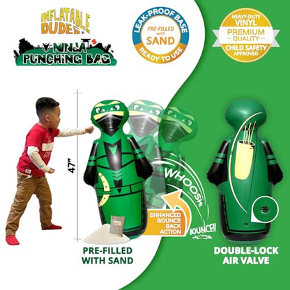 INFLATABLE DUDES Kids Punching Bag- Bop Bag | Sand-Base - color: Green Archer Standard Ninja | Pre-filled with Sand, size: 47"