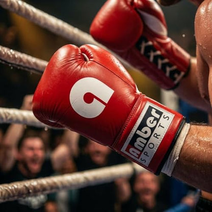 Amber Fight Gear Professional Leather Fight Gloves – Competition Ready Boxing & Kickboxing Gloves – Padded Multi-Layered Foam – Pre-Curved Safety Design – Sizes 8oz, 10oz, 12oz – Red & Blue - color: Red, size: 10 oz