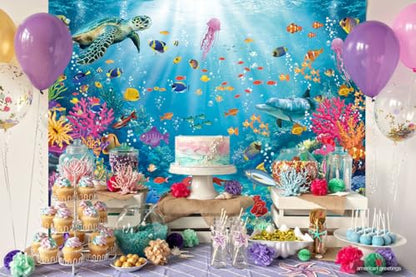 Underwater Backdrop Aquarium Ocean Corals Tropical Fish Photography Background Ocean Theme Party Decorations for Kid Boy's Birthday Cake Table Photo Booth Props (8x6FT) - size: 8x6FT