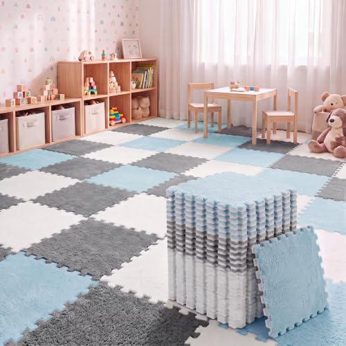 Amylove 36 Pcs Foam Interlocking Carpet Tiles,White, Gray, Light Blue - color: White, Gray, Light Blue