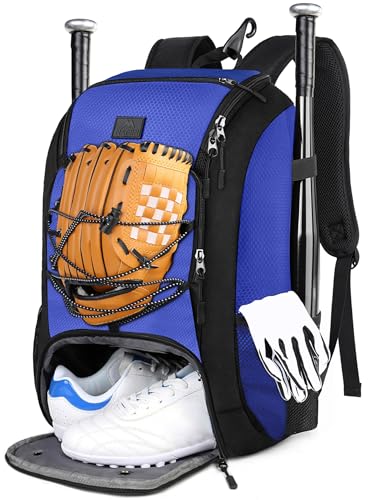 MATEIN Youth Baseball Backpack, Softball Bat Bag with Shoes Compartment | Lightweight Baseball Bag for Boys and Adult, Fence Hook Hold TBall Bat, Batting Mitten, Helmet, Caps, Teeball Gear Equipment - color: Blue, size: 29L