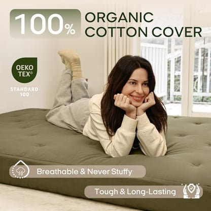 ZonLi Japanese Floor Futon Mattress Twin Size 39"x75"100% Cotton Cover 6''Thicken Tatami Mattress,Foldable Sleeping Pad,Portable Dormitory Tatami Mat,Roll Up Floor Lounger Bed for Adult (Winter Moss)