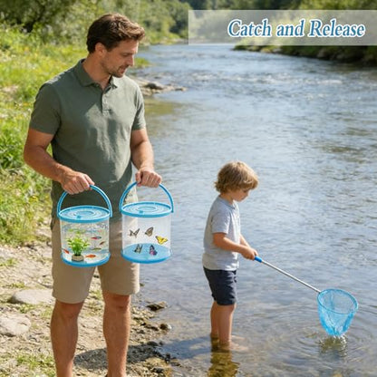 2 Sets Catch Plastic Beach Aquarium Kit, Release Aquarium Box for Beach with Retractable Net Bag and Transparent Portable Handheld（Round）