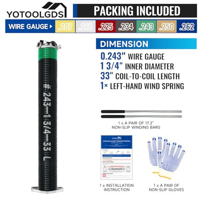 Left Hand Wind（Black Cone）1.75" Garage Door Torsion Spring with Non-Slip Winding Bars & Gloves, Precision Electrophoresis Black Coated, for Replacement, MIN 16,000 Cycles (0.243x1.75''x33'') - size: 0.243X1.75"X33"-L