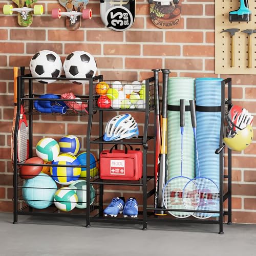 Sonyabecca Garage Sports Equipment Organizer 2 Golf Bag Stand Golf Storage Organizer for Garage with Basket and Hooks, Storage Rack for 2 Golf Bag, Golf Gift for Men, Gifts for Father - size: 11.81"D x 43.3"W x 31.89"H