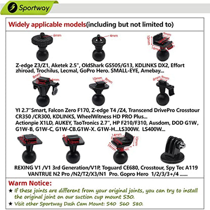 S30 Dash Cam Suction Mount (2nd Gen) with 10pcs Joints for REXING,Z-Edge,Old Shark,YI,KDLINKS,Falcon Zero,Transcend,Crosstour,VANTRUE,GoPro Hero and Most Other Dash Cameras DVR GPS