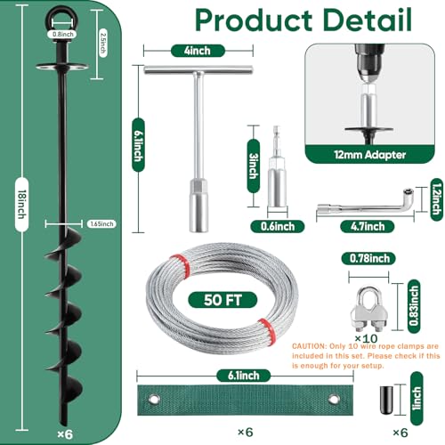 Garden Stakes 18" Heavy Duty Tree Stakes Ground Anchors with Straps & Steel Cable - Screw in Spiral Earth Anchors for Plant Support, Shed, Trampoline, Swing Set - Secure Against High Winds (6)