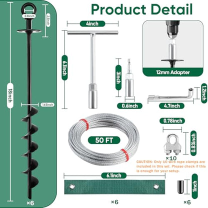 Garden Stakes 18" Heavy Duty Tree Stakes Ground Anchors with Straps & Steel Cable - Screw in Spiral Earth Anchors for Plant Support, Shed, Trampoline, Swing Set - Secure Against High Winds (6)