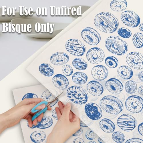 SUPERDANT 5 Sheets Blue Doughnuts Underglaze Transfer Paper Pottery Waterslide Decals Dessert Ceramic Underglaze Sheets for Cups Vases Plates Trimmable Decals - style: Doughnuts