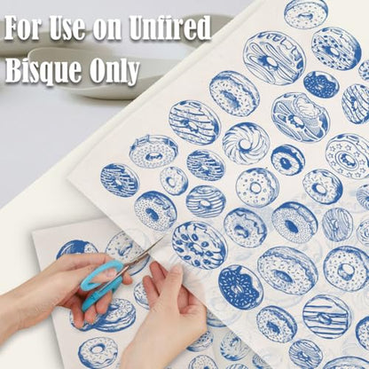 SUPERDANT 5 Sheets Blue Doughnuts Underglaze Transfer Paper Pottery Waterslide Decals Dessert Ceramic Underglaze Sheets for Cups Vases Plates Trimmable Decals - style: Doughnuts