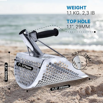 Sand Scoops for Beach Metal Detecting Stainless Steel Beach Metal Detecting Shovel Underwater Treasure Hunting, Metal Detector Accessories(Bag + Scoop + Carbon Fiber Handle), (11x8 + Handle) - size: 11 x 8 in + Handle