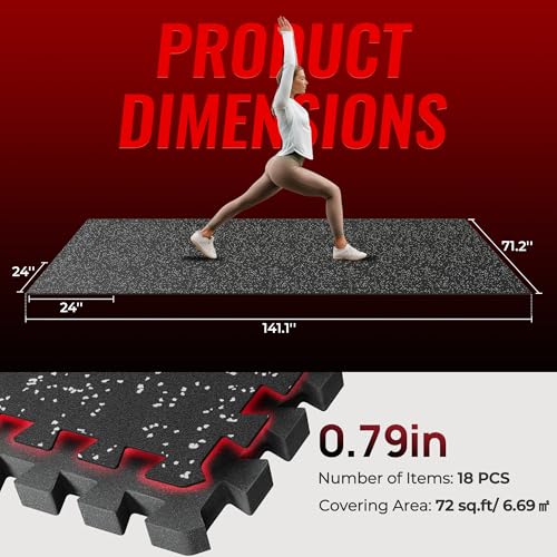SUPERJARE 0.79'' Extra-Thick Exercise Equipment Mats, 18 Pcs 72 Sq Ft Rubber Top Floor Tiles with High Density EVA Foam, Interlocking Gym Flooring for Home Gym, Workout Mat, Black/Grey - size: 18 Tiles (72 Sq Ft)