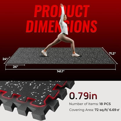 SUPERJARE 0.79'' Extra-Thick Exercise Equipment Mats, 18 Pcs 72 Sq Ft Rubber Top Floor Tiles with High Density EVA Foam, Interlocking Gym Flooring for Home Gym, Workout Mat, Black/Grey - size: 18 Tiles (72 Sq Ft)