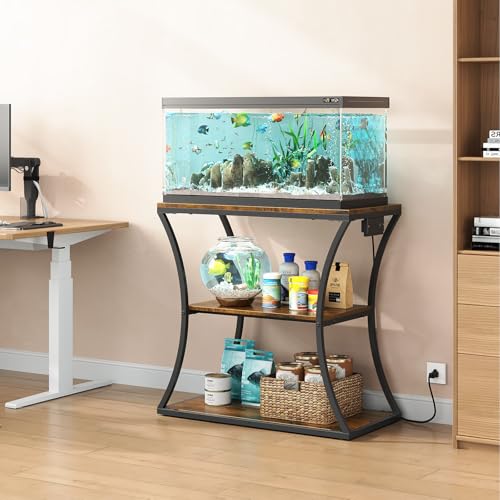 20-29 Gallon Fish Tank Stand with Power Outlet, 3-Tier Aquarium Stand with Storage, Heavy Duty Metal Frame Tank Rack for Home Office, 31.5" L x 15.7" W x 30.4" H, Rustic Brown