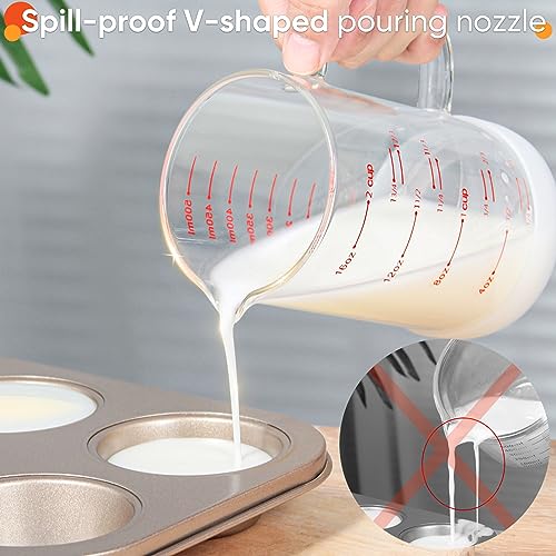 2 Cup Glass Measuring Cup with Handle, 77L High Borosilicate Glass Measuring Cup with V-Shaped and Three Scales (Cup, OZ, ML), Glass Liquid Beaker with Silicone Base, Double-Sided Measure Scales - size: 2 Cup, 500ML