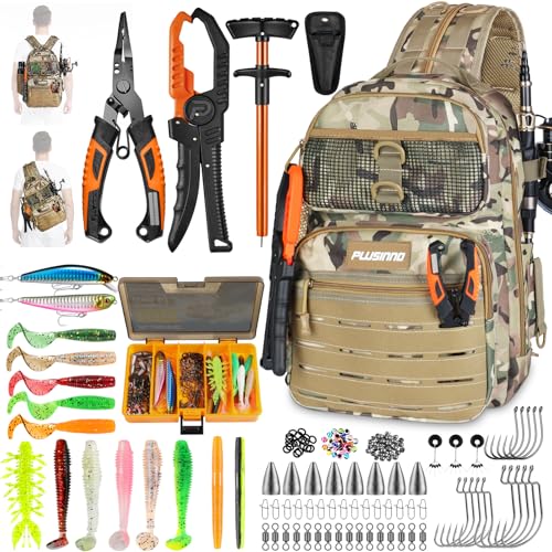PLUSINNO Fishing Gear Fishing Backpack with Tackle Box, Waterproof tackle Backpack with Rod Holders, Lures, Tools, Pliers & Accessories, Fish Gifts for Men - color: Khaki Fishing Backpack With Fishing Kit