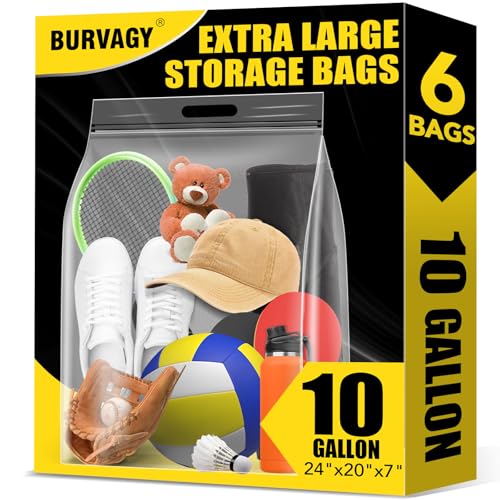 6Pack Extra Large Plastic Storage Bags 10 Gallons 24"x20"x7" Zero BPA Double Zipper Seal 4 Mils Thick Double Layer Carry Handle Resealable Moving Seasonal Travel Clothes - size: 6Pack (10Gallons)