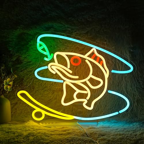 Fishing Neon Sign Dimmable Fish Neon Light for Wall Decor LED USB Powered Fishing Hook Lights for Fishing Gear Store Yacht Man Cave Living Room Boys Gifts(Multicolor 15.7‘’*12.4‘’） - color: Yellow Warm White Ice Blue Green Red