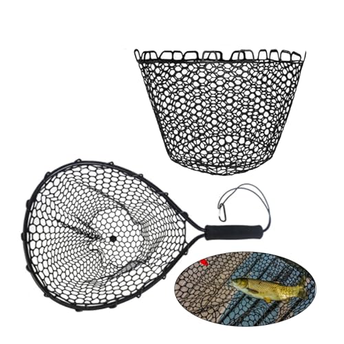 OUKENS Fishing Net, 14.9in x 12.6in Black Rubber Replacement Fish Nets, Deepened Soft Flexible Foldable Fishing Landing Mesh Without Handle for Angler Freshwater Saltwater