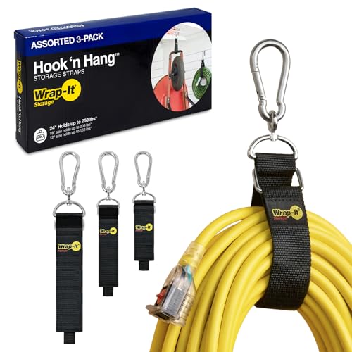 Hook 'n Hang Wrap-It Storage Straps - Assorted 3-Pack Black - Heavy Duty Extension Cord Holder with Hooks for Cord or Garden Hose Storage - color: Black, size: Assorted (3-Pack)