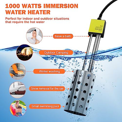 1000W Electric Immersion Heater, Bucket Water Heater with 304 Stainless-Steel Guard, Submersible Bucket Heater with Thermostat and Auto Shutoff, Heats 5 Gallons Water in Minutes