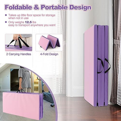 Goplus Gymnastics Mat, Folding Tumbling Mat with Carry Handles, Hook & Loop Fasteners, 4 Panels for Fitness Exercise Yoga Stretching Aerobics Workouts, Thick Gym Mats for Home - color: Pink&Purple