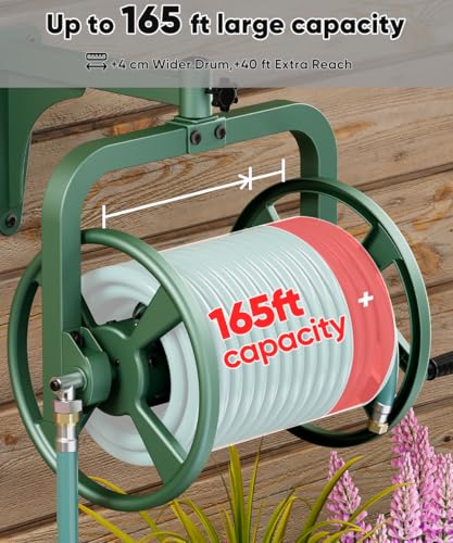 Rotating 360° Garden Hose Reel, Wall Mounted Hose Reel Holder Holds 165ft of 5/8'' Hose, Outdoor Heavy Duty Metal Water Hose Organizer Storage Rack with 3.9ft Leader Hose for Outside, Green