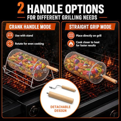 2-in-1 Rolling Grill Basket with Dual Handles, 304 Stainless Steel Rotatable BBQ Basket with Crank Handle & Straight Grip Handle, Grill Net for Vegetables, Shrimp & More, Gift Idea for Men, Dad, Husband
