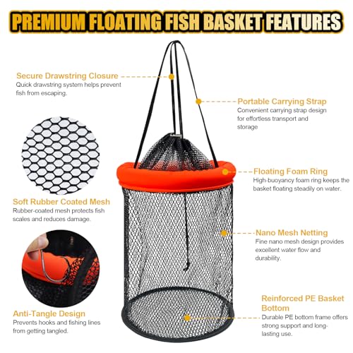 Floating Fish Basket, 5/10 Gallons Collapsible Fishing Net, Coated Nylon Net Storage Cage for Keeping Live Caught Fish 1 PCS