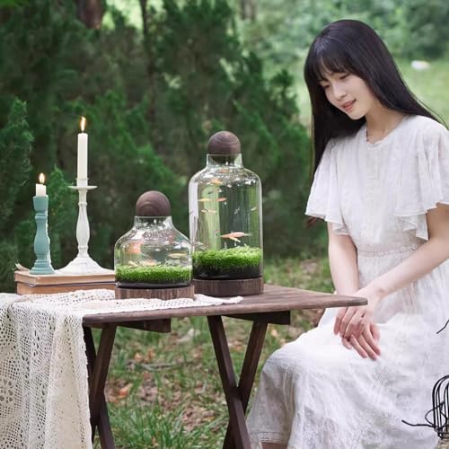 Glass Aquarium with Wooden Base, Microecosphere Fish Tank, Transparent Bottle-Shaped Batta Fish Bowel, Micro-Landscape Ecological Aquarium, Modern Glass Goldfish Tank,S - color: S