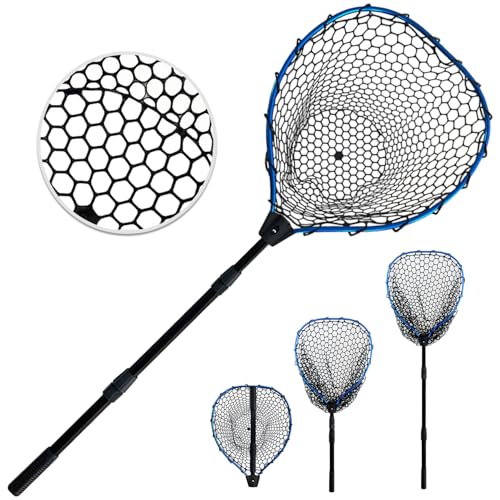 Telescoping Metal Lock Fishing Net Blue Aluminum Alloy Rubber Fish Net - Adjustable Length Lightweight Foldable Large Fishing Net with Handle Collapsible Extendable Fishing Accessories - color: Blue:3-section pole|length:63.7"