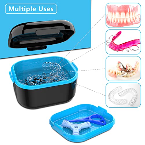 Denture Case with Mirror, Leakproof Retainer Box with Strainer Basket - color: Black Blue